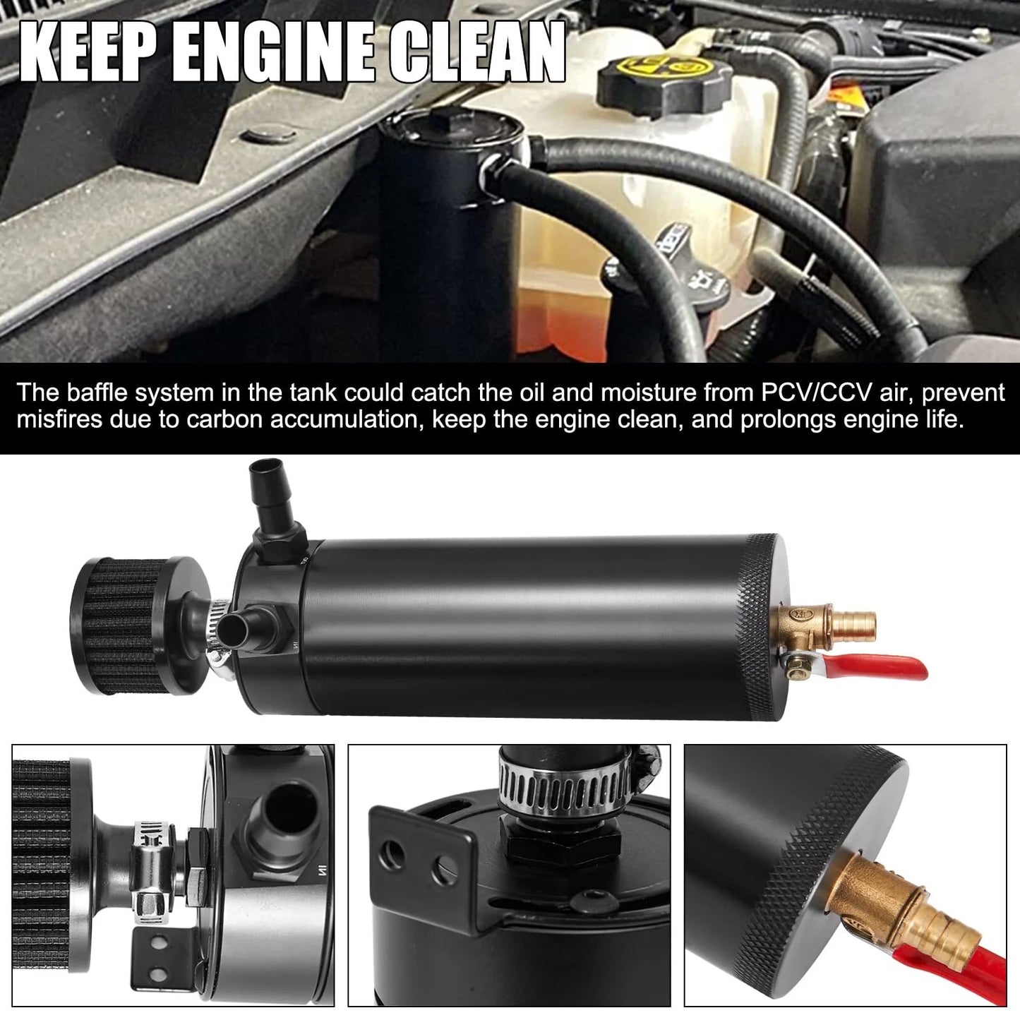 Universal 2 Port Aluminum 750Ml/25.4Oz Baffled Oil Catch Can Reservoir Tank with Breather Filter and Drain Valve