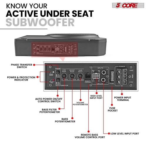 5Core 10 Inch Slim under Seat Car Audio Subwoofer 800W Built in
