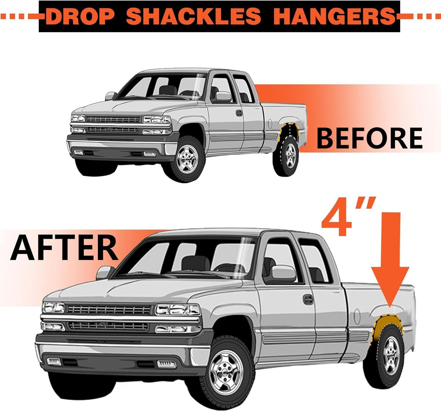 4" Drop Shackles and Hangers Kit Compatible with 1996-2006 Chevy