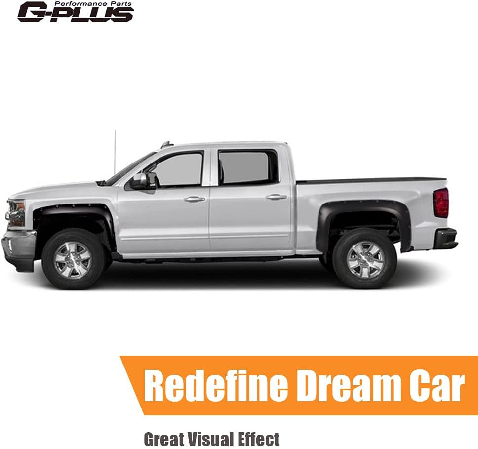 Fender Flares, Compatible with 07-13 Chevy Silverado 1500/07-14 2500HD 3500HD, 78.0"/97.6" Long Bed(For Regular Cab and Extended Cab), Riveted Smooth Black Wheel Cover Protector Vent Trim 4Pcs