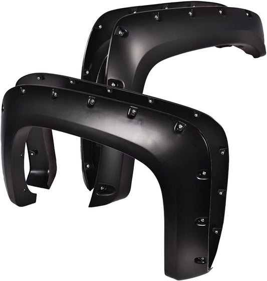 Fender Flares, Compatible with 07-13 Chevy Silverado 1500/07-14 2500HD 3500HD, 78.0"/97.6" Long Bed(For Regular Cab and Extended Cab), Riveted Smooth Black Wheel Cover Protector Vent Trim 4Pcs