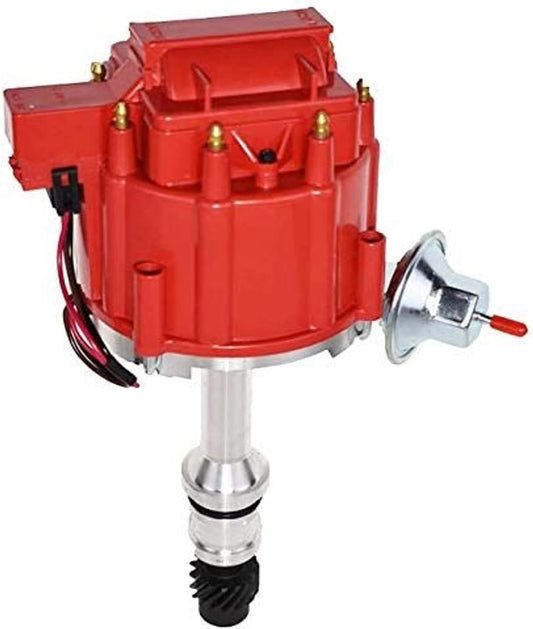 HEI Complete Distributor & Ignition Coil - 65KV Coil, Red Cap & One-Wire Install - Compatible with Oldsmobile V8 260-455 Engines - Hardened Gears & CNC Aluminum Shaft