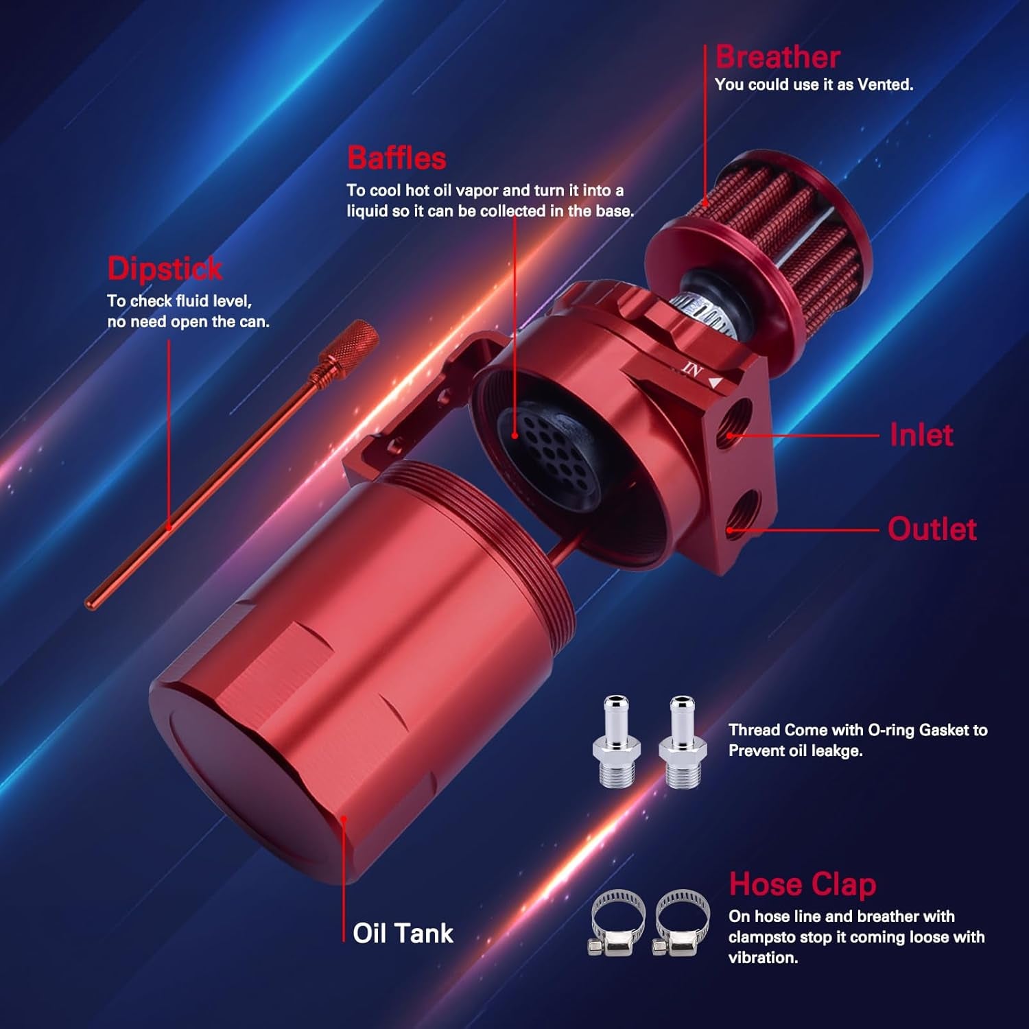 Universal Oil Catch Can Tank Kit with Breather Filter, Aluminum Oil Capture Tank Air Tank with 3/8" Fuel Line,300Ml (Red)