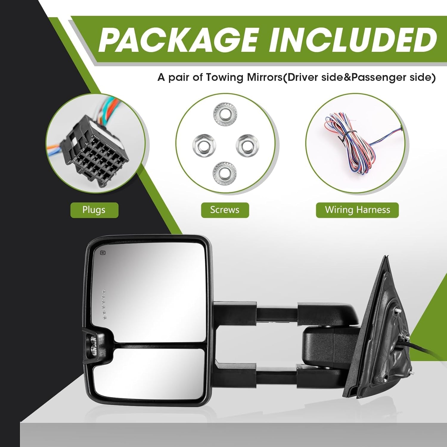 Towing Mirrors for Chevy Silverado/Gmc Sierra 1500 (2014 2015 2016 2017 2018), 2500HD 3500HD (2015 2016 2017 2018 2019) Turn Signal/Running Lights Power Heated (Textured Black)