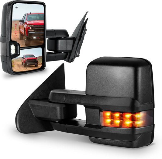 Towing Mirrors for Chevy Silverado/Gmc Sierra 1500 (2014 2015 2016 2017 2018), 2500HD 3500HD (2015 2016 2017 2018 2019) Turn Signal/Running Lights Power Heated (Textured Black)