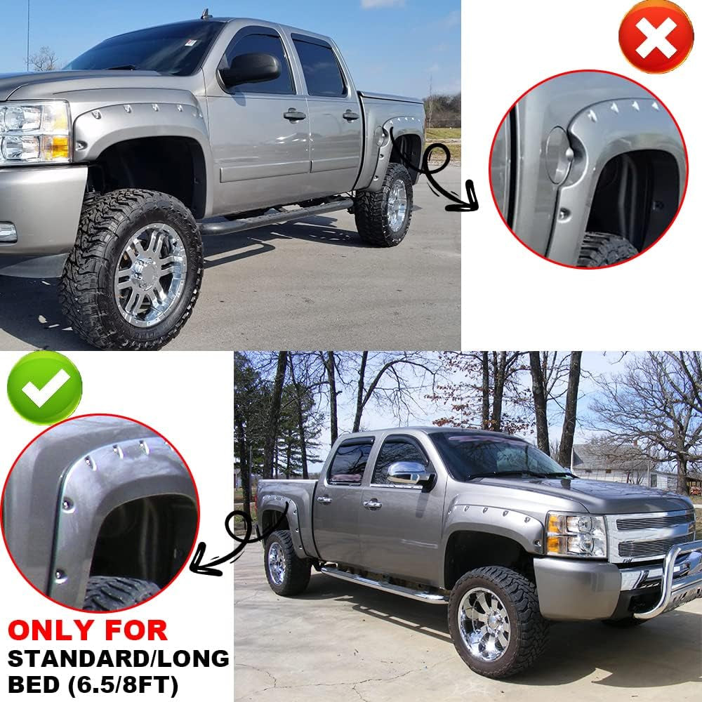 Fender Flares, Compatible with 07-13 Chevy Silverado 1500/07-14 2500HD 3500HD, 78.0"/97.6" Long Bed(For Regular Cab and Extended Cab), Riveted Smooth Black Wheel Cover Protector Vent Trim 4Pcs