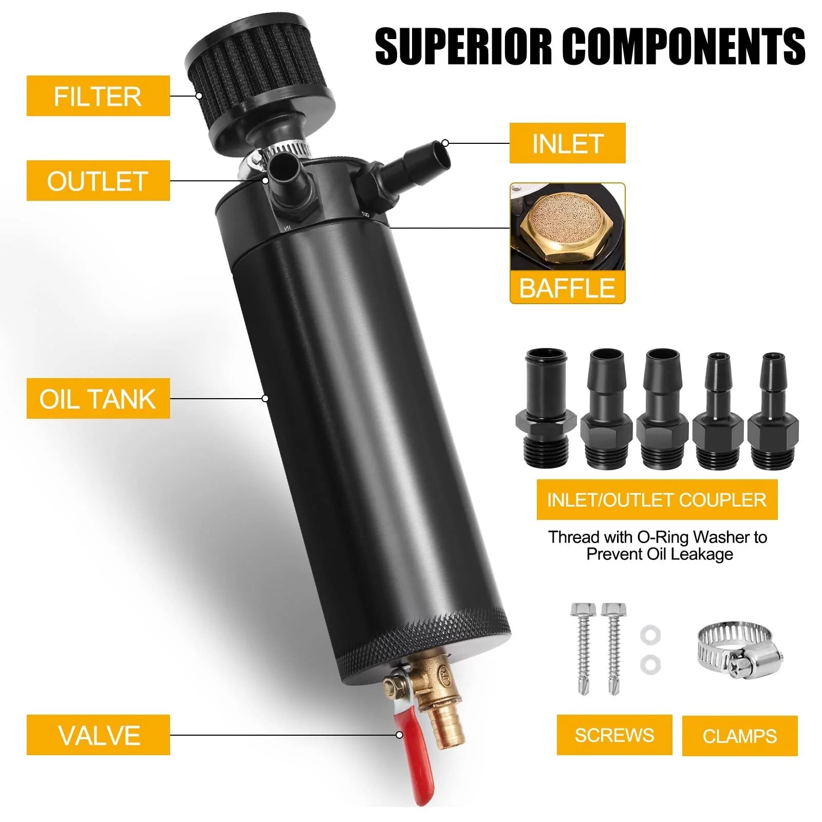 Universal 2 Port Aluminum 750Ml/25.4Oz Baffled Oil Catch Can Reservoir Tank with Breather Filter and Drain Valve