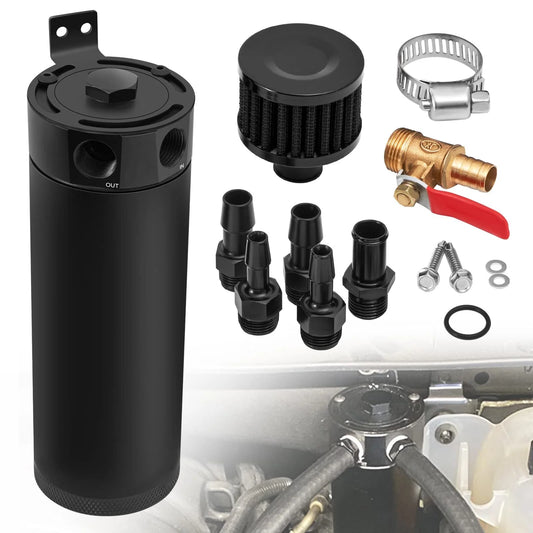 Universal 2 Port Aluminum 750Ml/25.4Oz Baffled Oil Catch Can Reservoir Tank with Breather Filter and Drain Valve