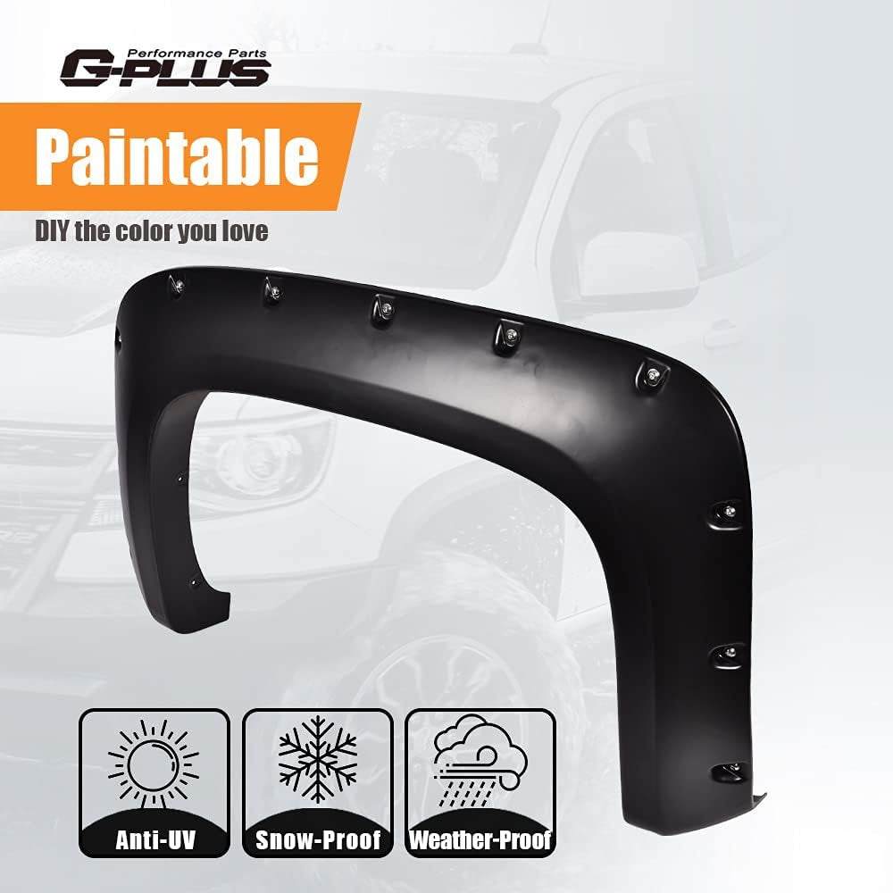 Fender Flares, Compatible with 07-13 Chevy Silverado 1500/07-14 2500HD 3500HD, 78.0"/97.6" Long Bed(For Regular Cab and Extended Cab), Riveted Smooth Black Wheel Cover Protector Vent Trim 4Pcs