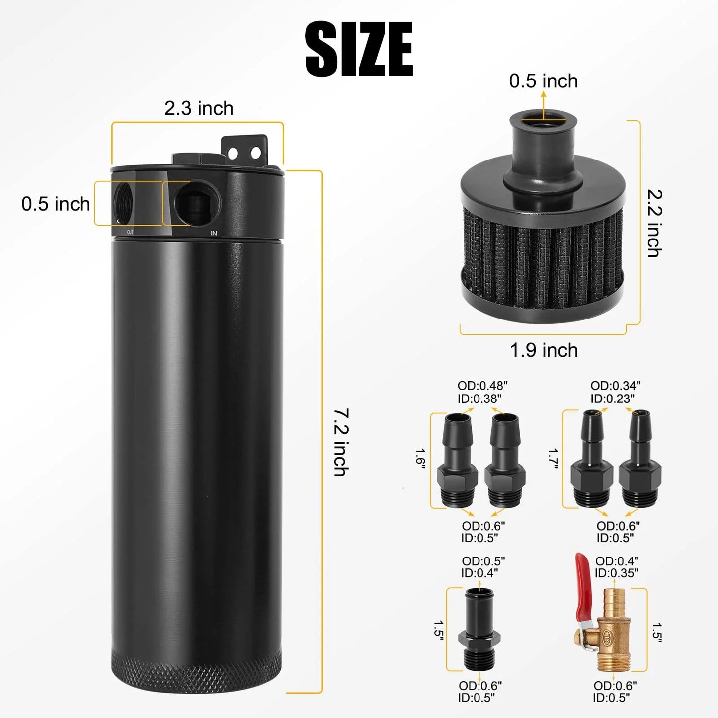 Universal 2 Port Aluminum 750Ml/25.4Oz Baffled Oil Catch Can Reservoir Tank with Breather Filter and Drain Valve