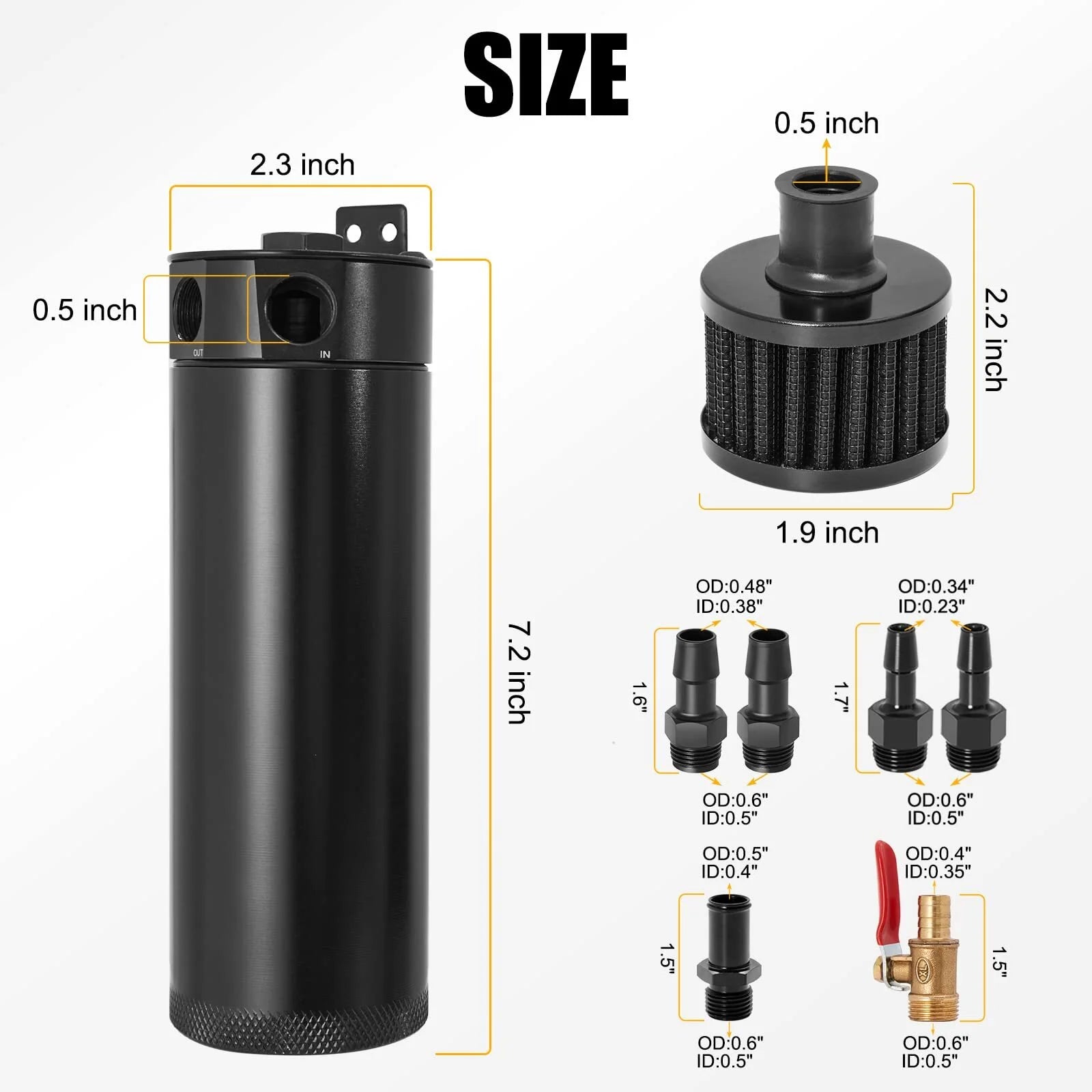 Universal 2 Port Aluminum 750Ml/25.4Oz Baffled Oil Catch Can Reservoir Tank with Breather Filter and Drain Valve