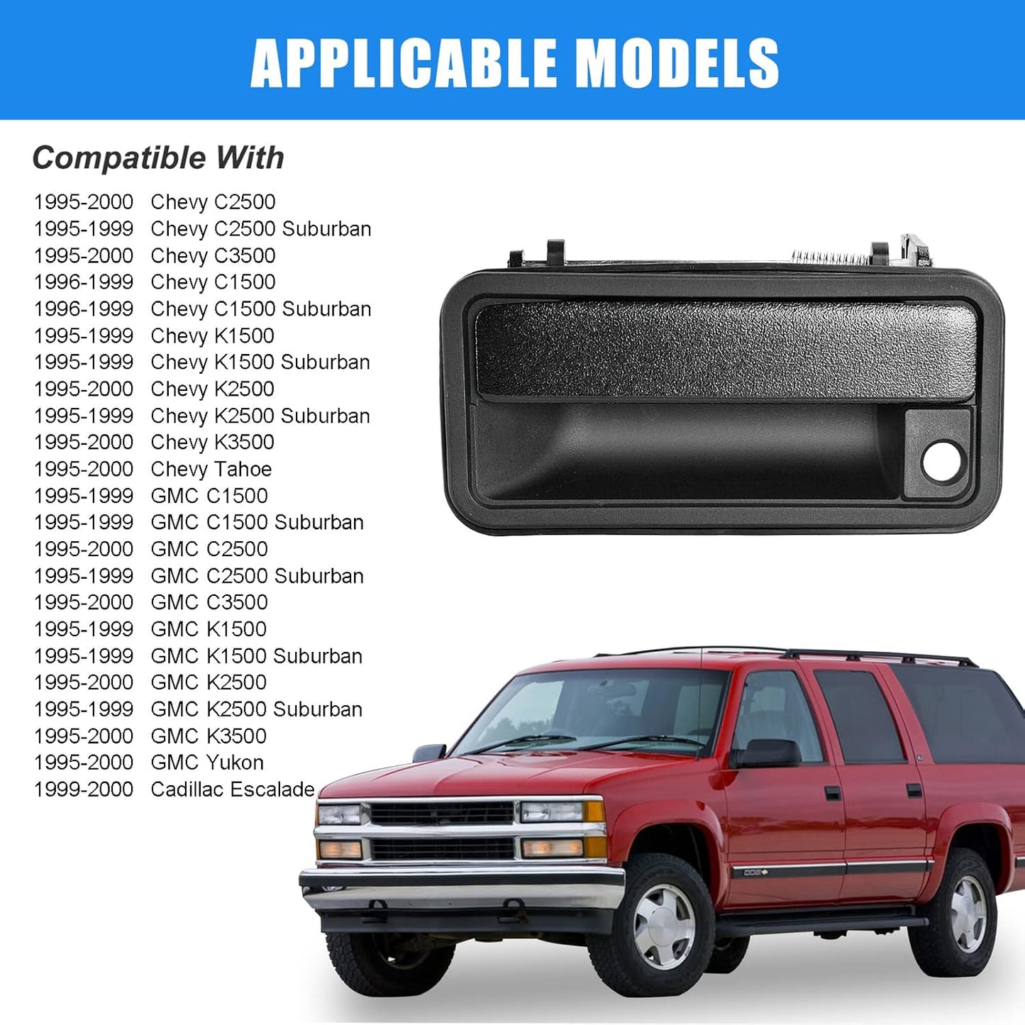 Exterior Door Handle, Front Left Driver Side, Metal Lever Plastic Bezel, Compatible with 1995-2000 Chevy GMC K1500 K2500 K3500, C1500 C2500 C3500 Suburban, Tahoe, Yukon, Cadillac 15742229, 77096