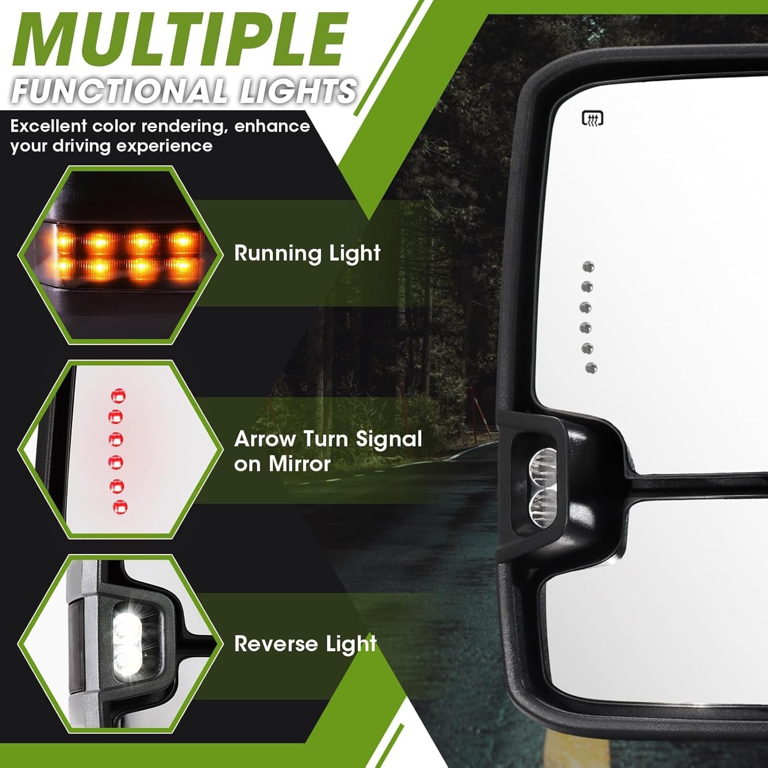 Towing Mirrors for Chevy Silverado/Gmc Sierra 1500 (2014 2015 2016 2017 2018), 2500HD 3500HD (2015 2016 2017 2018 2019) Turn Signal/Running Lights Power Heated (Textured Black)