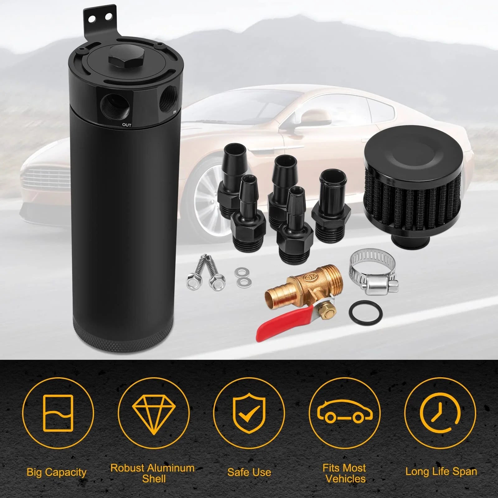 Universal 2 Port Aluminum 750Ml/25.4Oz Baffled Oil Catch Can Reservoir Tank with Breather Filter and Drain Valve