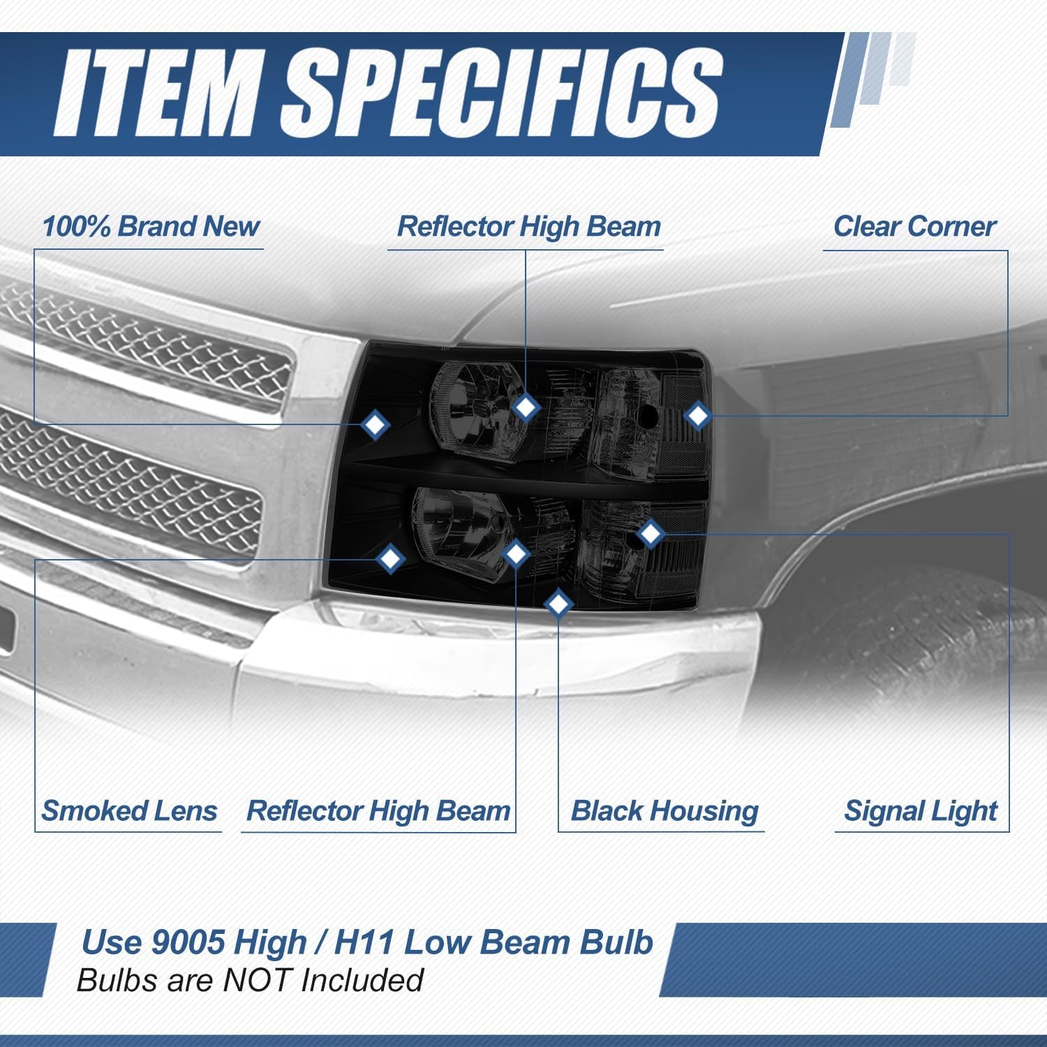 Halogen Headlights Assembly Compatible with Chevy Silverado 1500 2500HD 3500 GMT900 2007 2008 2009 2010 2011 2012 2013 2014, Driver and Passenger Side, Black Housing Smoked Lens