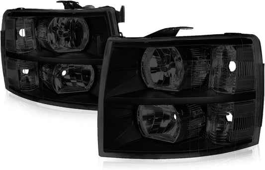 Halogen Headlights Assembly Compatible with Chevy Silverado 1500 2500HD 3500 GMT900 2007 2008 2009 2010 2011 2012 2013 2014, Driver and Passenger Side, Black Housing Smoked Lens