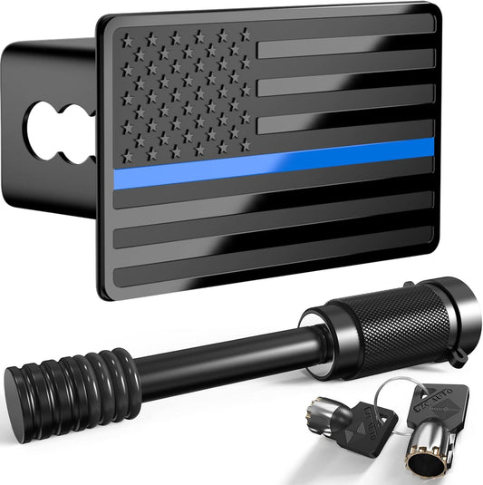 Heavy American Flag Metal Trailer Hitch Cover for 2" Inch Receivers,Tow Hitch Covers 2 Inch for Truck Accessories (With 5/8-Inch Pin Diameter Trailer Hitch Lock, Blue Line)