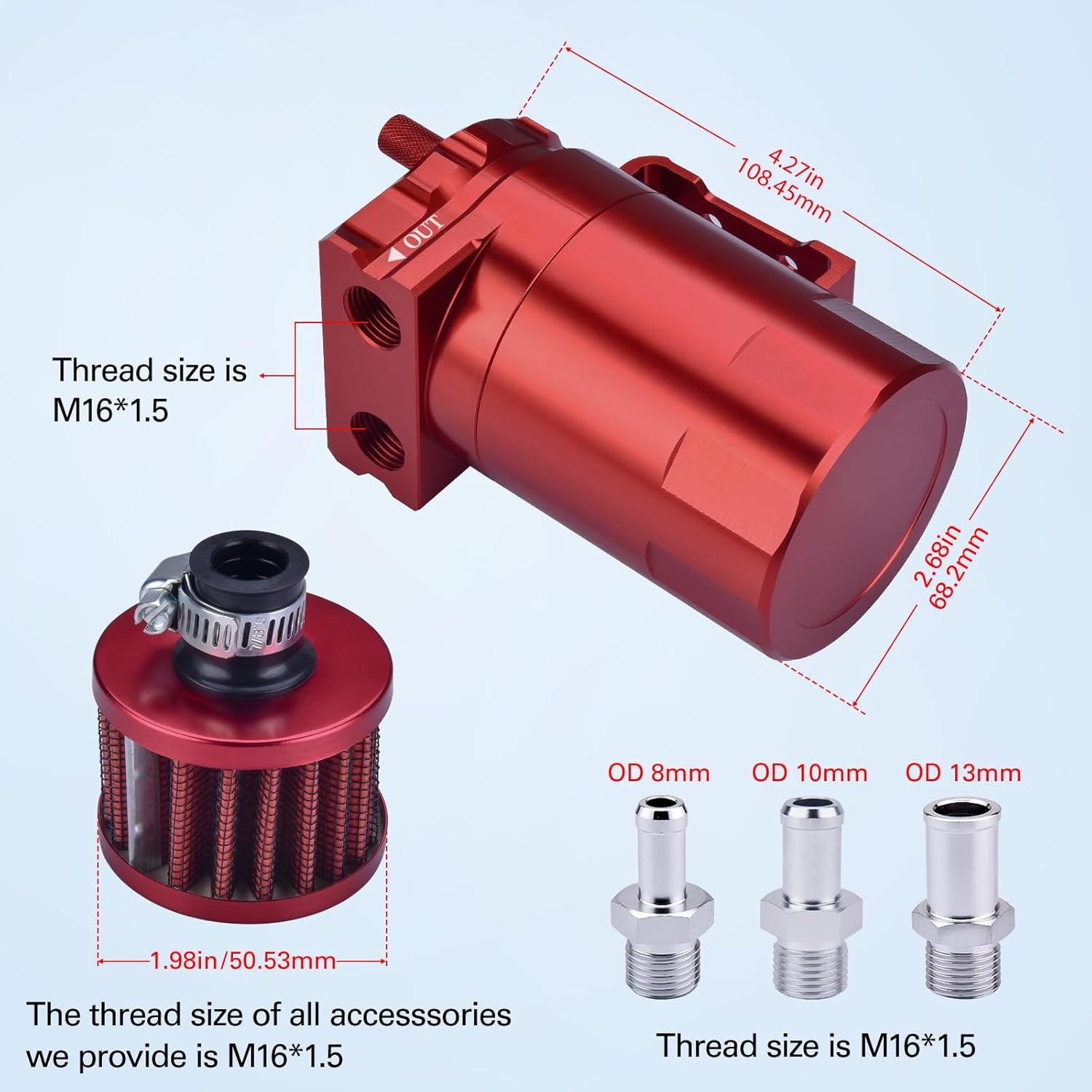 Universal Oil Catch Can Tank Kit with Breather Filter, Aluminum Oil Capture Tank Air Tank with 3/8" Fuel Line,300Ml (Red)